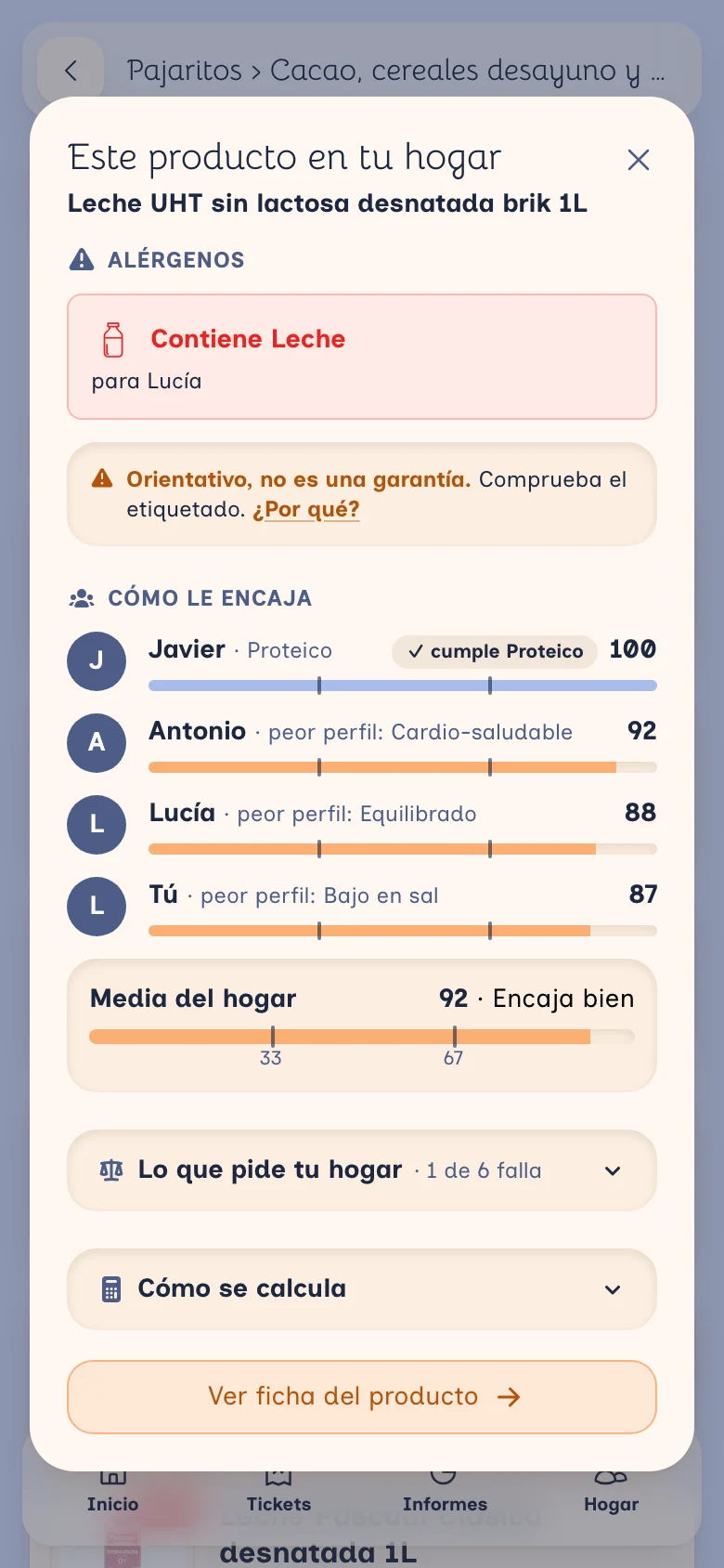 Este producto en tu hogar: la leche UHT sin lactosa contiene leche, para Lucía, y encaja bien con las cuatro personas de casa